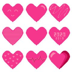 Set of vector pixel heart isolated on a white background. Valentine day.