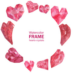 Watercolor frame Bright hearts crystals of various fantasy shapes