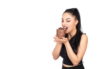  girl eating cake on white background