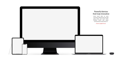 smartphone, tablet, computer monitor, laptop, stylus, and mouse with blank screen isolated on white background. realistic and detailed mockup gadgets and devices. stock vector illustration