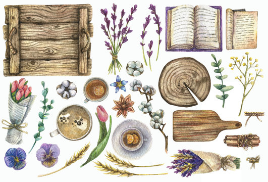 Watercolor illustrations in the style of flat lay. With the image of a wooden decor (tray, board), tea, coffee, flowers (lavender, tulips, gerbera, cotton and others), books.