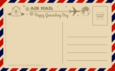Vintage Groundhog Day Postcard with cute groundhog. Vector illustration.