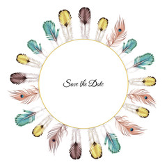 Hand drawn Feathers Frame. Tribal ethnic design for creative cards and backgrounds.Hand drawn feathers for wedding card, invitation, poster, wrapping, wallpaper, fabric