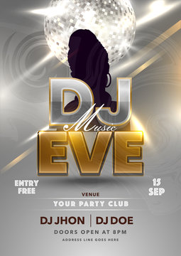 DJ Music EVE Party Flyer Design with Silhouette Female and Shiny Silver Disco Ball on Lights Effect Grey Swirl Paint Background.