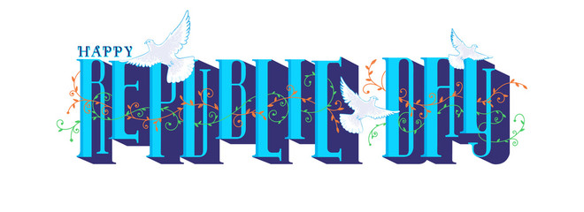 Blue Happy Republic Day Text with Flying Pigeon and Motifs on White Background. Header or Banner Design.