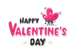 Fototapeta na wymiar Happy Valentine's Day Text with Cartoon Hearts Couple Hugging on White Background.