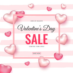 Valentine's Day Sale Poster Design Decorated with Glossy Pink Hearts on Strip Background for Advertising Concept.