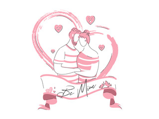 Be Mine Text in Ribbon with Loving Couple Character and Hearts Expression on Creative Heart made by Pink Brush Stroke with White Background.