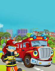 cartoon scene with fireman vehicle on the road driving through the city and fireman standing near by - illustration for children