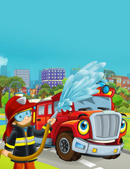 cartoon scene with fireman vehicle on the road driving through the city and fireman standing near by - illustration for children