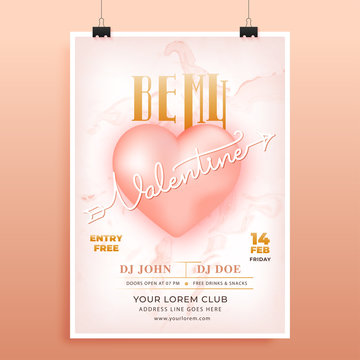 Advertising Template or Flyer Design with Be My Valentine Text and Glossy Heart on Pink Paint Marble Background.