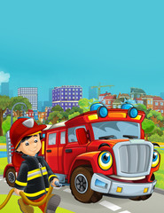 Obraz na płótnie Canvas cartoon scene with fireman vehicle on the road driving through the city and fireman standing near by - illustration for children