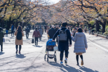 Blurred image of family walking in the park