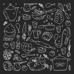 Pattern on blackboard drawn in chalk, with gastronomy icons, vector cuisine and fast food cafe bright background for menu, receipts.