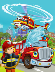 cartoon scene with fireman vehicle on the road driving through the city and helicopter flying over and fireman standing near - illustration for children