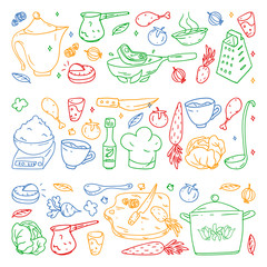 colored pattern drawn by crayons, gastronomy icons, vector cuisine and fast food cafe bright background for menu, receipts.