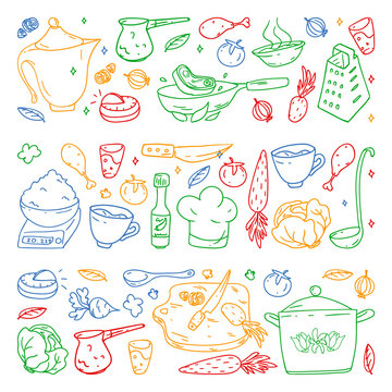 colored pattern drawn by crayons, gastronomy icons, vector cuisine and fast food cafe bright background for menu, receipts.