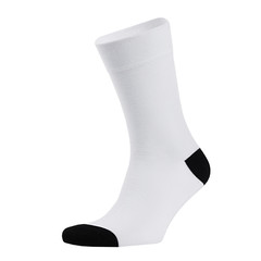 Blank white cotton long sock with black heel on invisible foot isolated on white background as mock up for advertising, branding, design, front view, template.