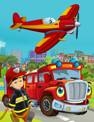 Plakat cartoon scene with fireman vehicle on the road driving through the city and plane flying over and fireman standing near - illustration for children