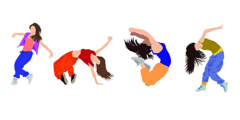 Vector drawing of dancing young people. Modern dances. For design and congratulations.