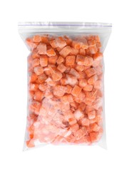 Frozen carrots in plastic bag isolated on white, top view. Vegetable preservation