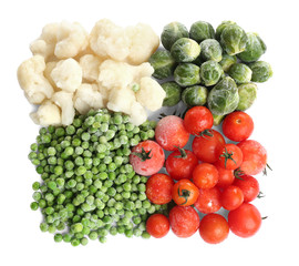 Different frozen vegetables isolated on white, top view