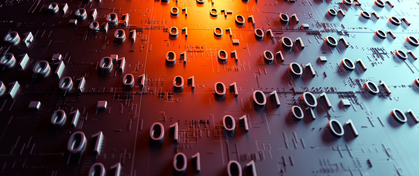 Abstraction illustration binary code strings are processed by the computer's motherboard. Background from lines of binary code.  Background with depth of field and bokeh. 3d rendering