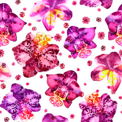 Watercolor seamless abstract pattern of Christmas trees, orchid flowers, snowflakes. Design for cards, fabric, textile, packaging, wrapping paper, wallpaper, background.