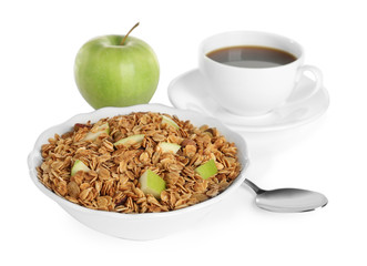 Tasty healthy breakfast with muesli on white background