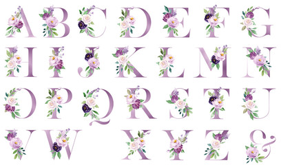 Floral alfabet, brieven set met aquarel violette bloemen rozen en blad. Monogram initialen perfect voor huwelijksuitnodigingen, wenskaarten, logo, poster en andere. Vakantie ontwerp hand schilderij.