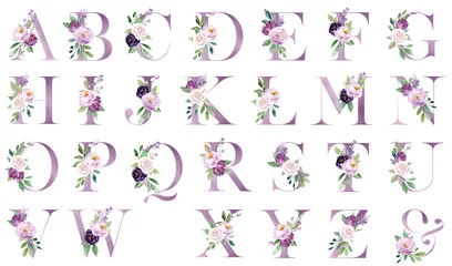 Keuken foto achterwand Eenhoorns Floral alfabet, brieven set met aquarel violette bloemen rozen en blad. Monogram initialen perfect voor huwelijksuitnodigingen, wenskaarten, logo, poster en andere. Vakantie ontwerp hand schilderij.