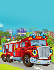 cartoon scene with fireman vehicle on the road driving through the city - illustration for children