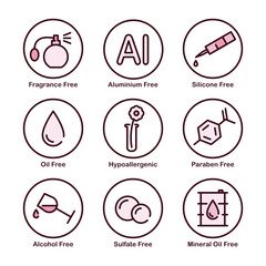 Fragrance, Aluminium, Silicone, Oil, Mineral Oil, Paraben, Alcohol, Sulfate Free. Hypoallergenic. Vector Icon Set.