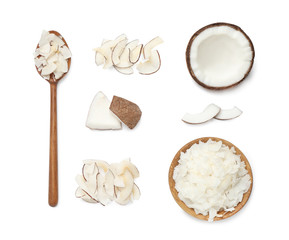 Composition with tasty coconut chips on white background, top view