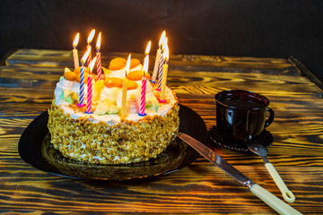 birthday cake on the table, selective focus, warm filter