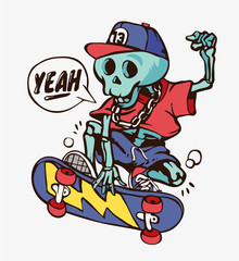 Fototapeta na wymiar cartoon skeleton on skateboard illustration