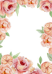 Watercolor hand painted flower invintation card with roses and peones isolated on white background. Botanical illustration for cards, banner, frame, border, wedding invitation, posters, save the date