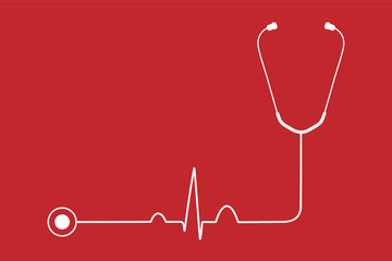 Simple shape stethoscope with normal heart beat line pattern isolated on red background.Medical equipment.Doctor device.Cardiac diagnosis tool.Pulse rate.Health care concept.Vector.Illustration.