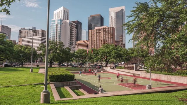 Time lapse of people playing game of pick up basketball in Downtown Houston. This video was filmed in 4k for best image quality.