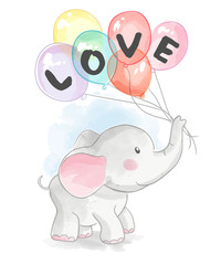 cartoon elephant holding love balloons 