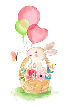 cute rabbit in basket with butterfly illustration