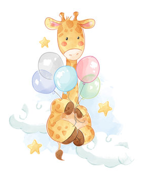 cartoon giraffe with colorful balloons illustration