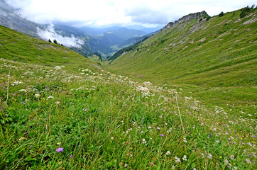 Fototapeta na wymiar Beautiful mountain landscape in French Alps. Hike on passes Annes and Oulettaz