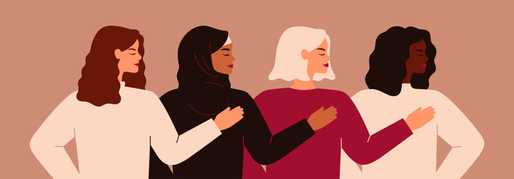 Four Young Strong Women Or Girls Standing Together. Group Of Friends Or Feminist Activists Support Each Other. Feminism Concept, Girl Power Poster, International Women's Day Holiday Card. Vector