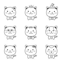 Drawing doodle outline cat collection set in different face character isolated on white background.Cartoon pet for your design.Vector.Illustration.