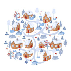 Winter village isolated on white background. Winter houses and trees. Vector graphics.