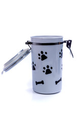 Grey doggy treat container with black pawprints