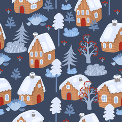 Seamless pattern with winter trees and houses. Vector graphics.