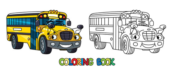 Funny small school bus with eyes. Coloring book