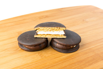 Stack of marshmallow chocolate covered sandwich cookies